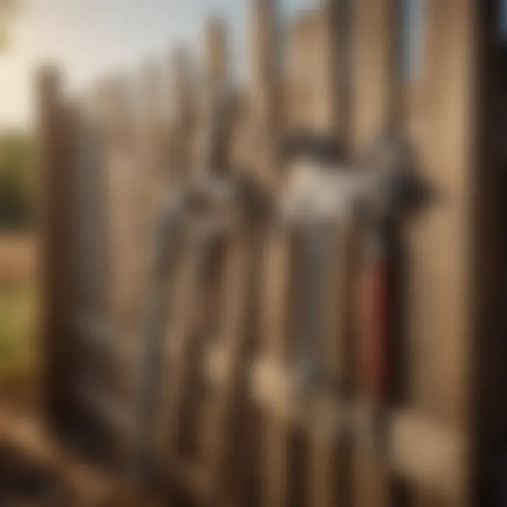 An array of traditional and modern fence straining tools displayed against a farm setting.