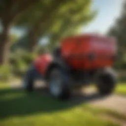 A robust trailer attached to a riding mower in a garden setting