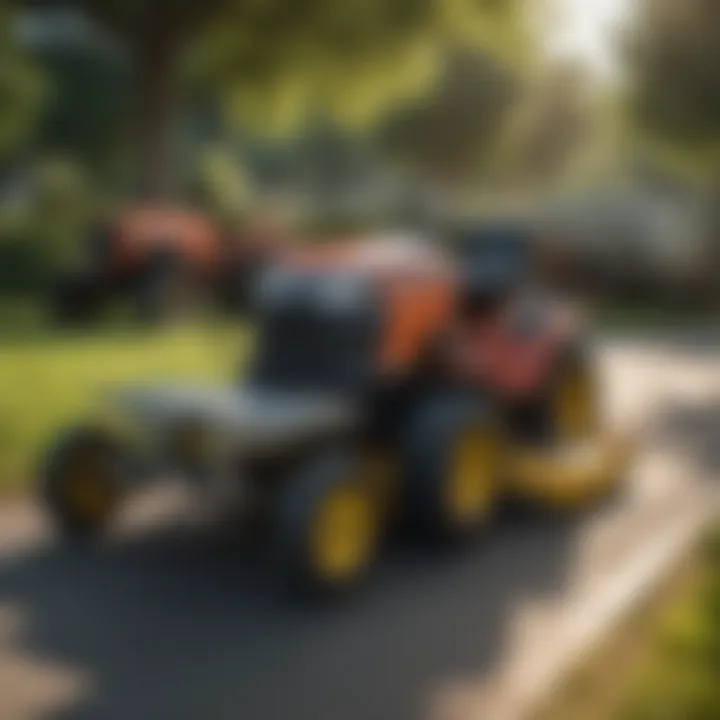 Different types of trailers for riding mowers displayed outdoors