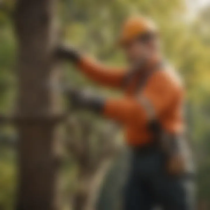 A professional tree pruner demonstrating proper technique