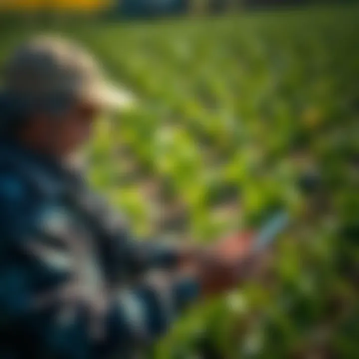 Farmers analyzing crop yield data on a digital platform