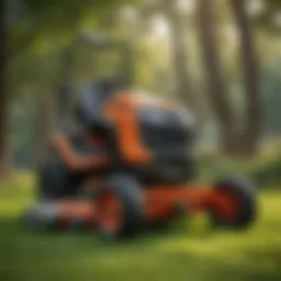 A close-up view of a cab lawn mower showcasing its ergonomic design and advanced features.