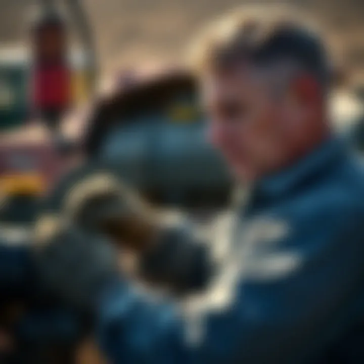 A technician performing maintenance on a dirt scraper, highlighting care practices.