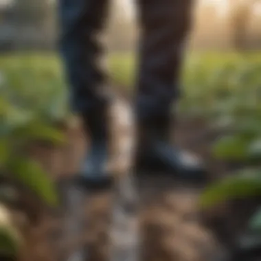 Agricultural worker wearing disposable rubber shoe covers while tending to crops