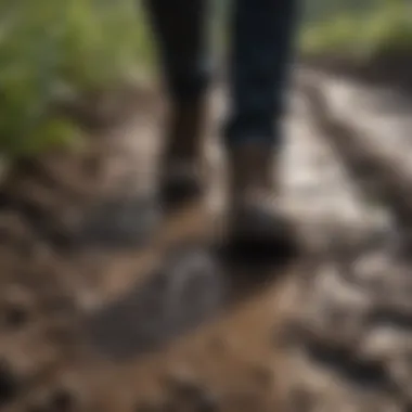 Close-up view of disposable rubber shoe covers on muddy terrain