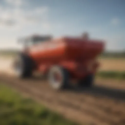 A dry manure spreader in a field showcasing its operational functionality