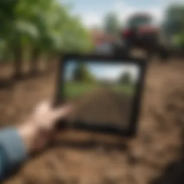 Close-up of a digital equity report on a tablet in a farm setting