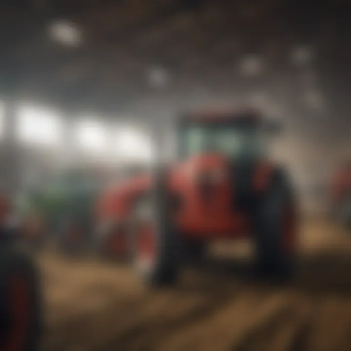 A vibrant auction scene showcasing farm equipment