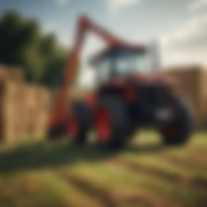 A compact tractor equipped with a durable fork attachment lifting bales of hay.