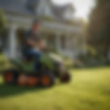 Landscaper Utilizing GPS for Efficiency A professional landscaper using GPS technology to navigate a large lawn