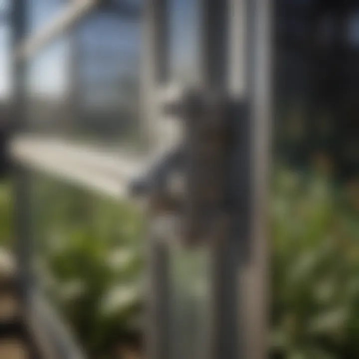 Close-up view of a robust greenhouse door latch