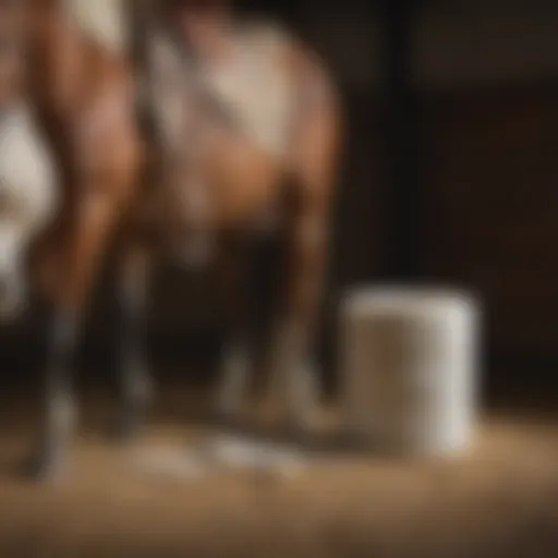 Various types of horse bandage wraps displayed in an equine care setting.