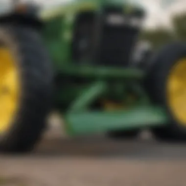 Modified John Deere Tractor Front Bumper with Accessories Close-up of a modified John Deere tractor front bumper with added accessories for enhanced performance.