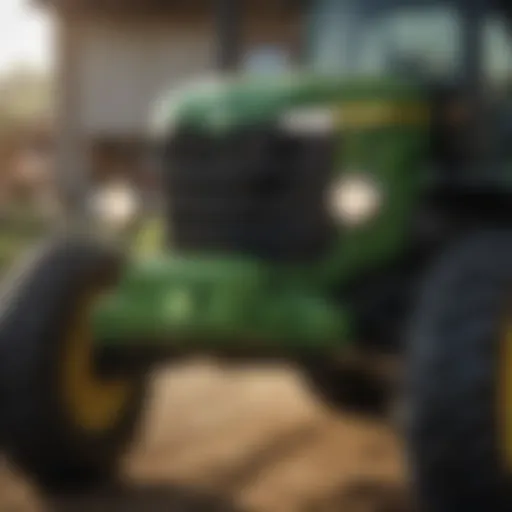 Detailed view of a John Deere tractor front bumper showcasing its robust design and construction materials.