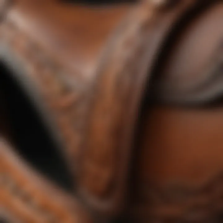 Close-up view of finely crafted leather stirrups showcasing intricate stitching and detailing.