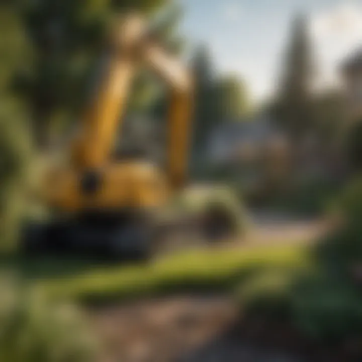 Mini excavator in action, showcasing its versatility in a garden landscape