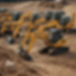 Different sizes of mini excavators displayed together on a construction site