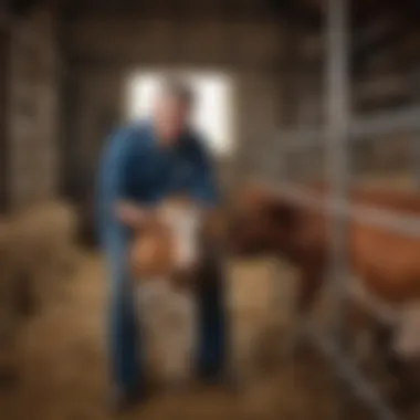 A farmer caring for a miniature cow in a barn