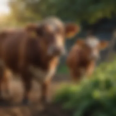 Miniature Cows in Sustainable Farming A vibrant farm scene with miniature cows and sustainable crops