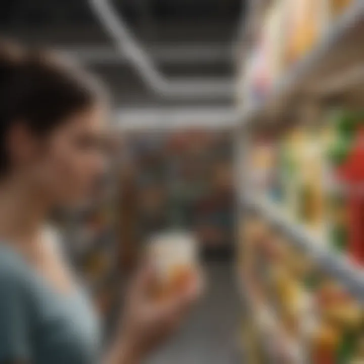 Consumer examining a product label in a grocery store