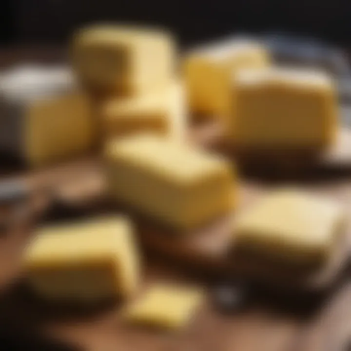 Varieties of butter displayed on a wooden board