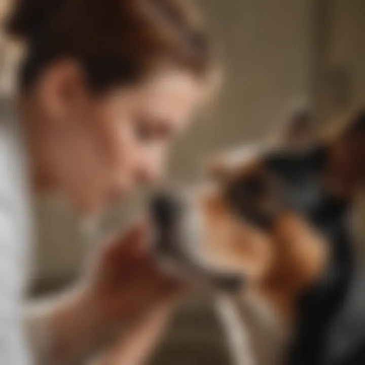 Illustration of a veterinarian demonstrating ear cleaning techniques.