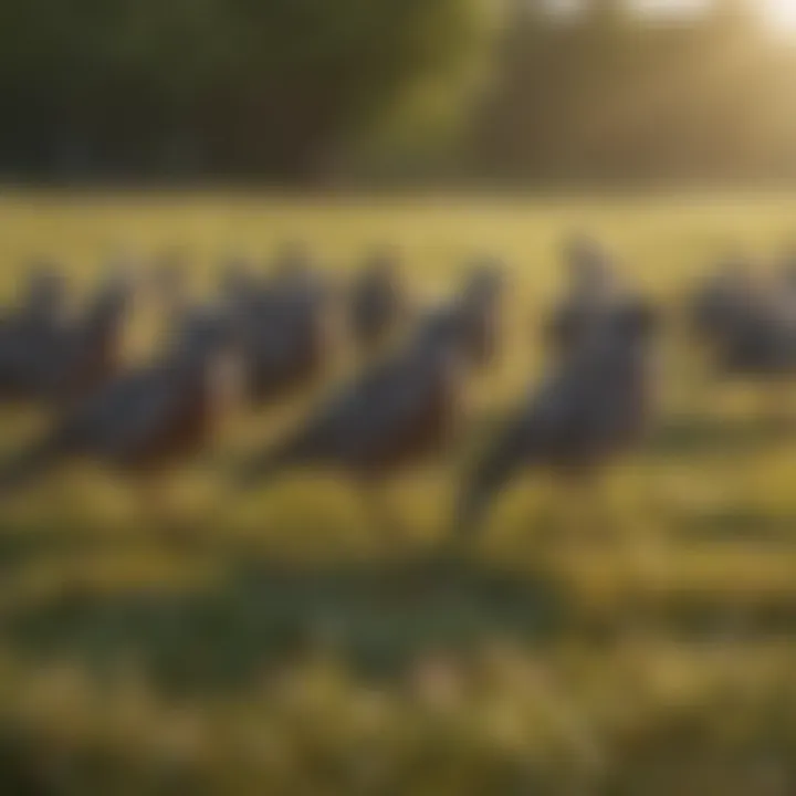 A flock of pasture birds foraging in a sunlit field, illustrating their natural behavior.