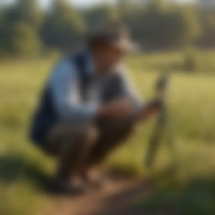 A researcher observing pasture birds in their natural habitat, emphasizing conservation efforts.