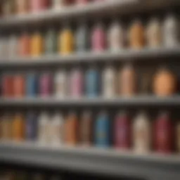 A variety of pet vet shampoos displayed on a shelf, showcasing different formulations