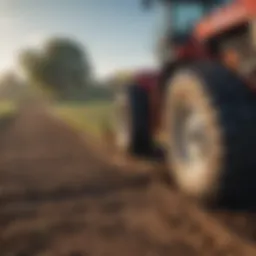 High-powered tractor equipped with a post hole drill in action