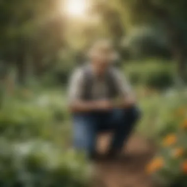 A farmer applying natural pest management techniques in a lush garden setting.