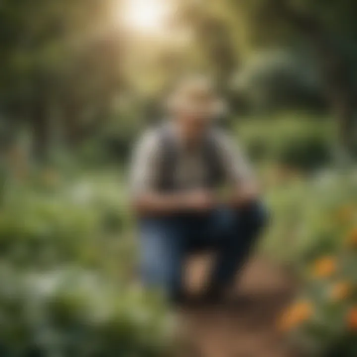 A farmer applying natural pest management techniques in a lush garden setting.