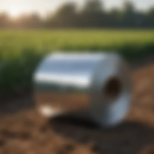 Reflective Mylar roll showcasing its shiny surface in an agricultural setting