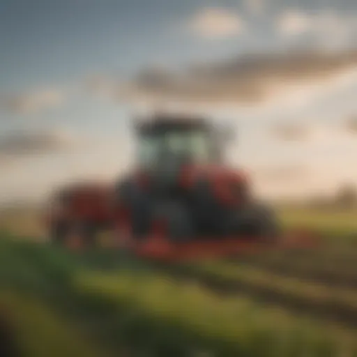 Tractor with boom mower in action on a farm field