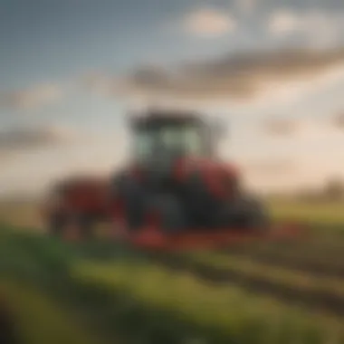 Tractor Deploying Boom Mower in Agricultural Field Tractor with boom mower in action on a farm field