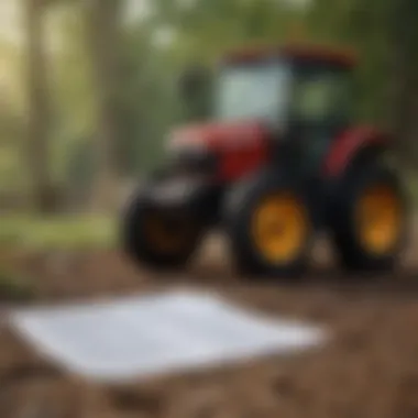 Close-up of insurance documents and a sub compact tractor