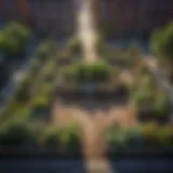 Aerial view of an urban community garden flourishing in a city landscape.