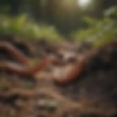 Earthworm Feeding in Natural Ecosystem Earthworm in its natural habitat feeding on organic matter
