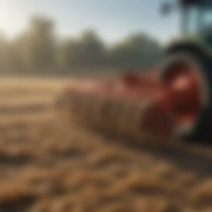 Close-up view of a side delivery hay rake in action