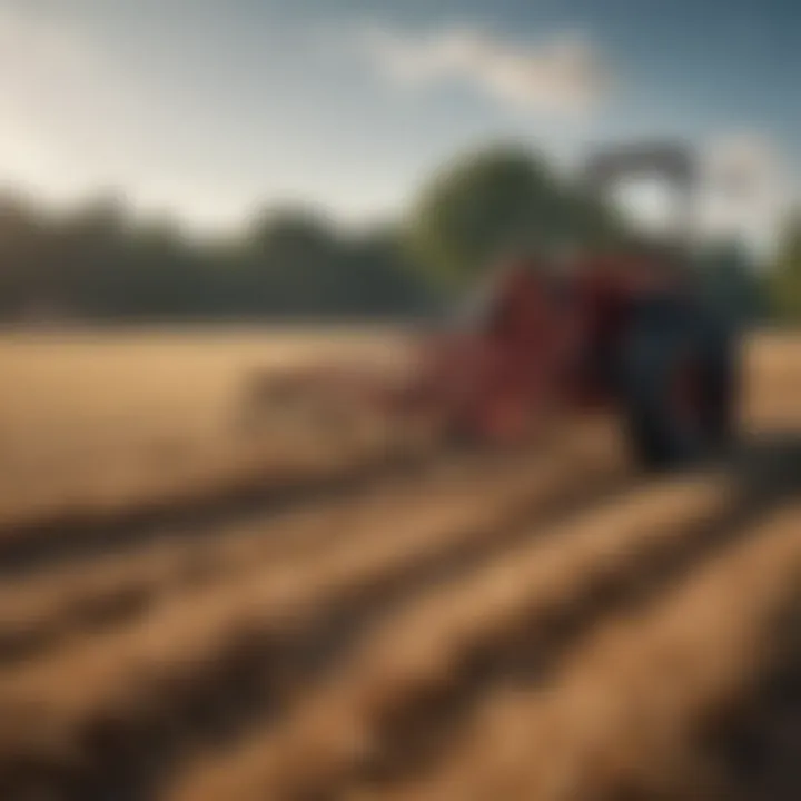 A farmer utilizing a side delivery hay rake in a field