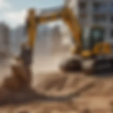Mini Excavator Breaker in Action at Construction Site Mini excavator breaker in action at a construction site breaking concrete