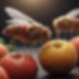 Fruit flies feeding on a ripe fruit