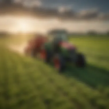 Wide shot of a tractor hay cutter in a lush green field