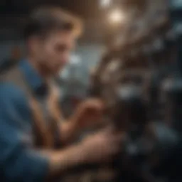 A tractor mechanic examining engine components