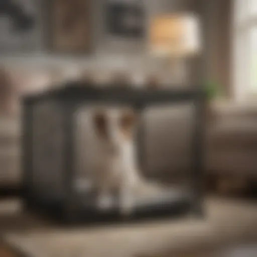 A well-designed dog crate in a stylish living room setting