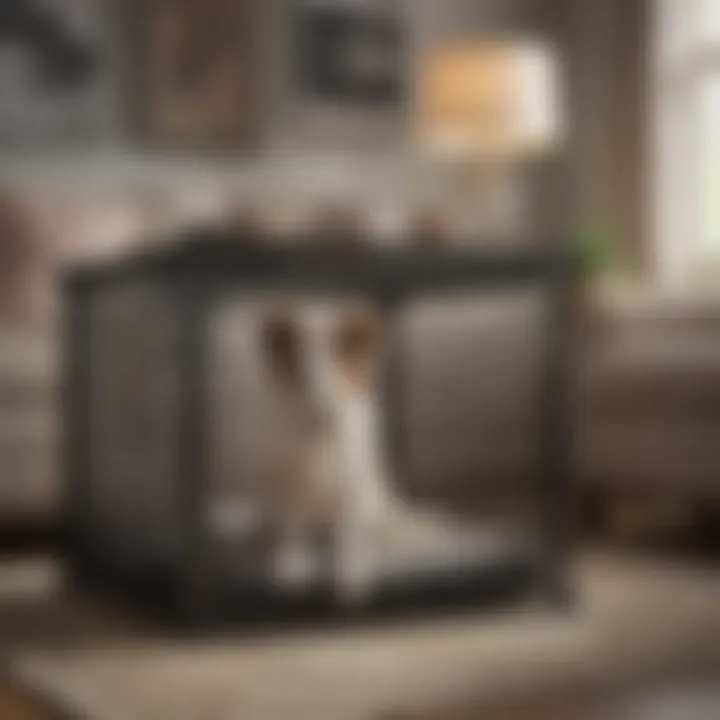 A well-designed dog crate in a stylish living room setting