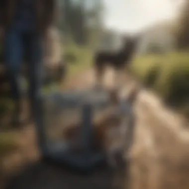 An owner transporting a dog in a crate during travel