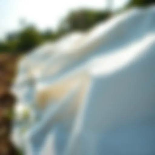 Close-Up of White Weed Barrier Fabric Close-up view of a white weed barrier fabric laid in a garden setting