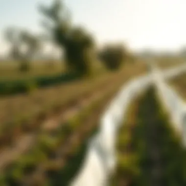Wide shot of an agricultural field with white weed barriers in use