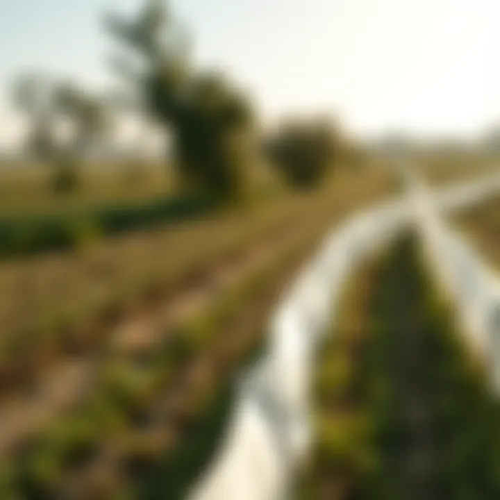 Wide shot of an agricultural field with white weed barriers in use